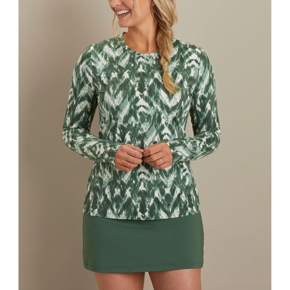 Duluth Trading Co Suit Up Swim Long Sleeve T-Shirt Green Chevron Rash Guard L